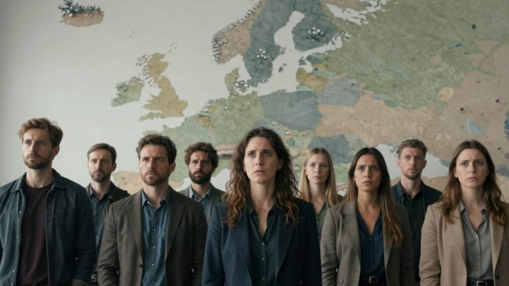 European map with people looking concerned.