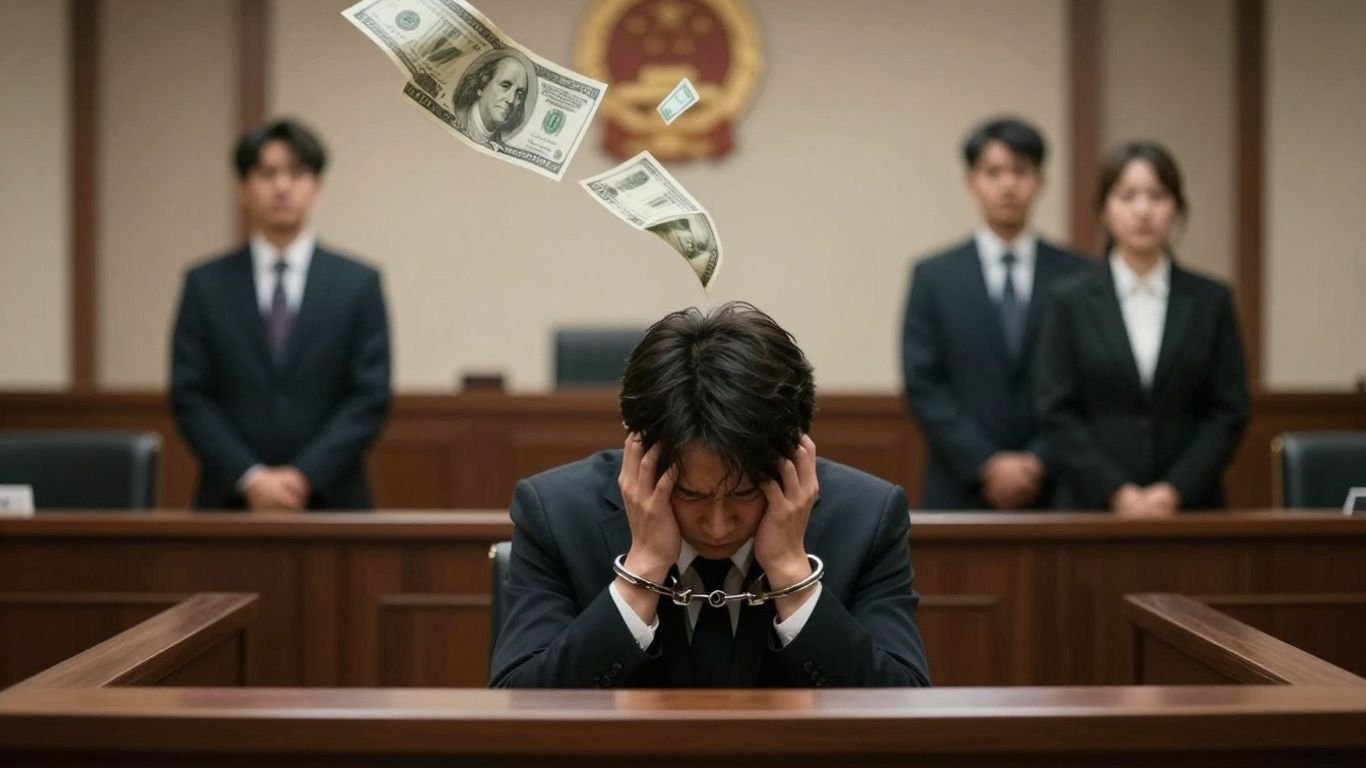 Convicted scammer in handcuffs, money flowing away.