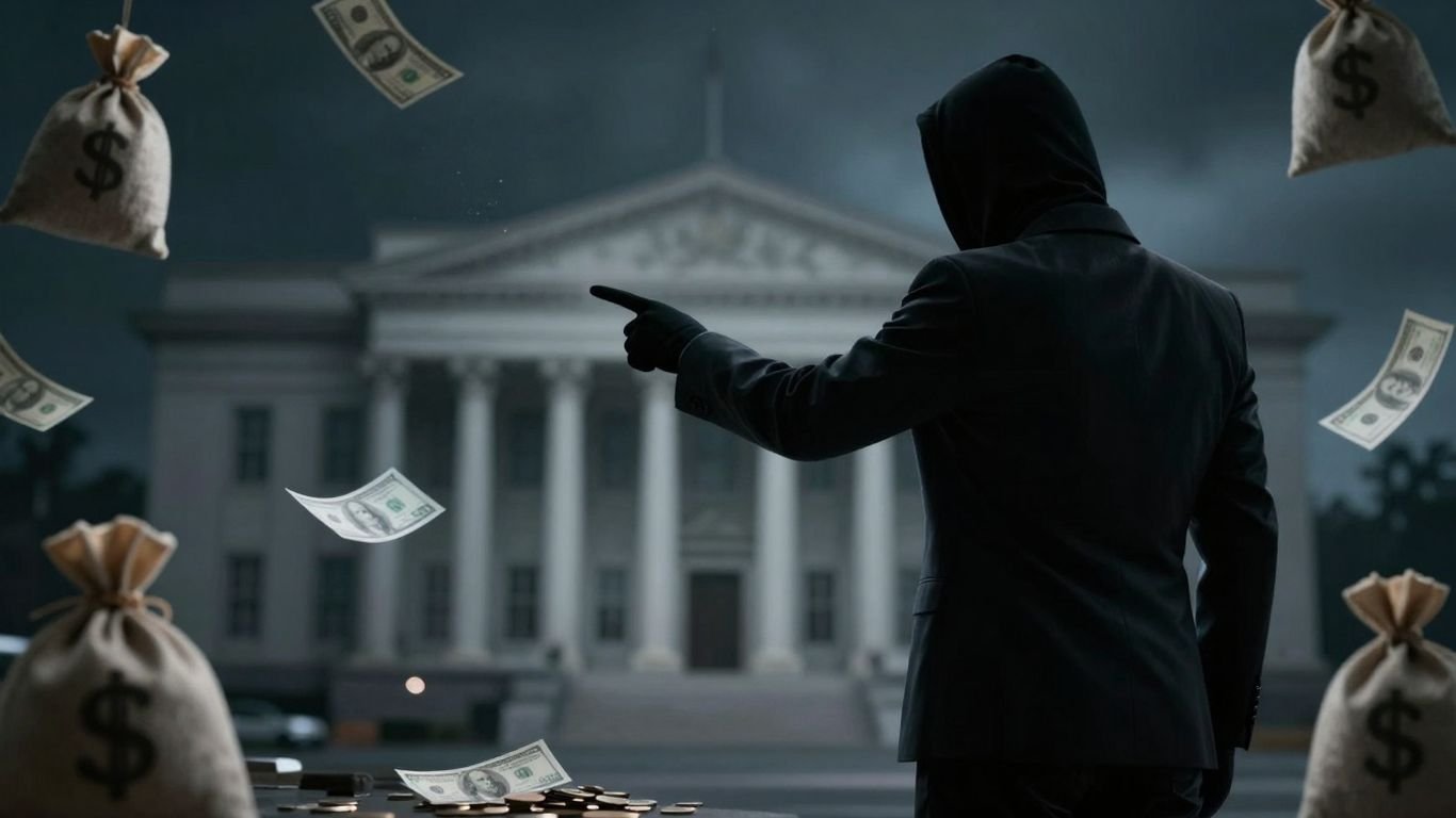 Scammer points at government building with money bags.