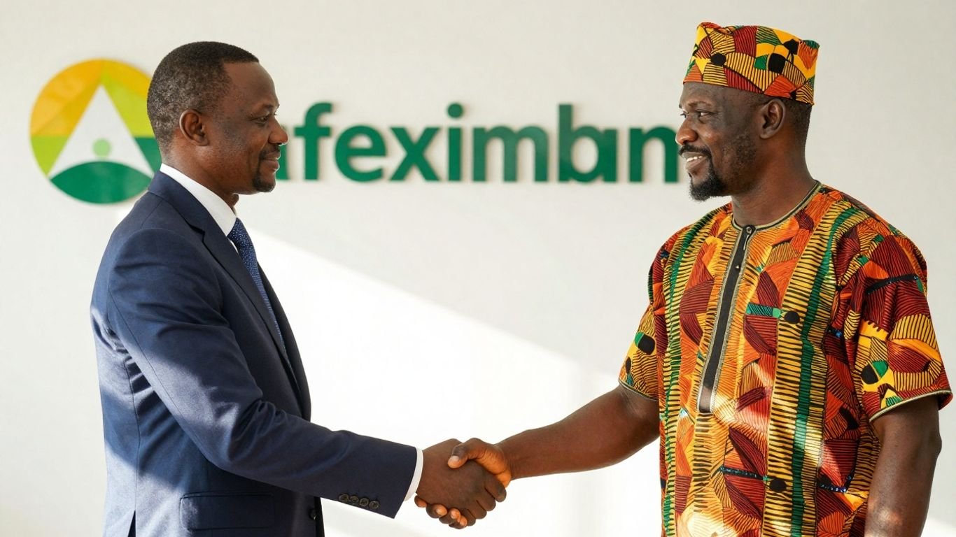 Ghanaian official and Afreximbank representative shaking hands.