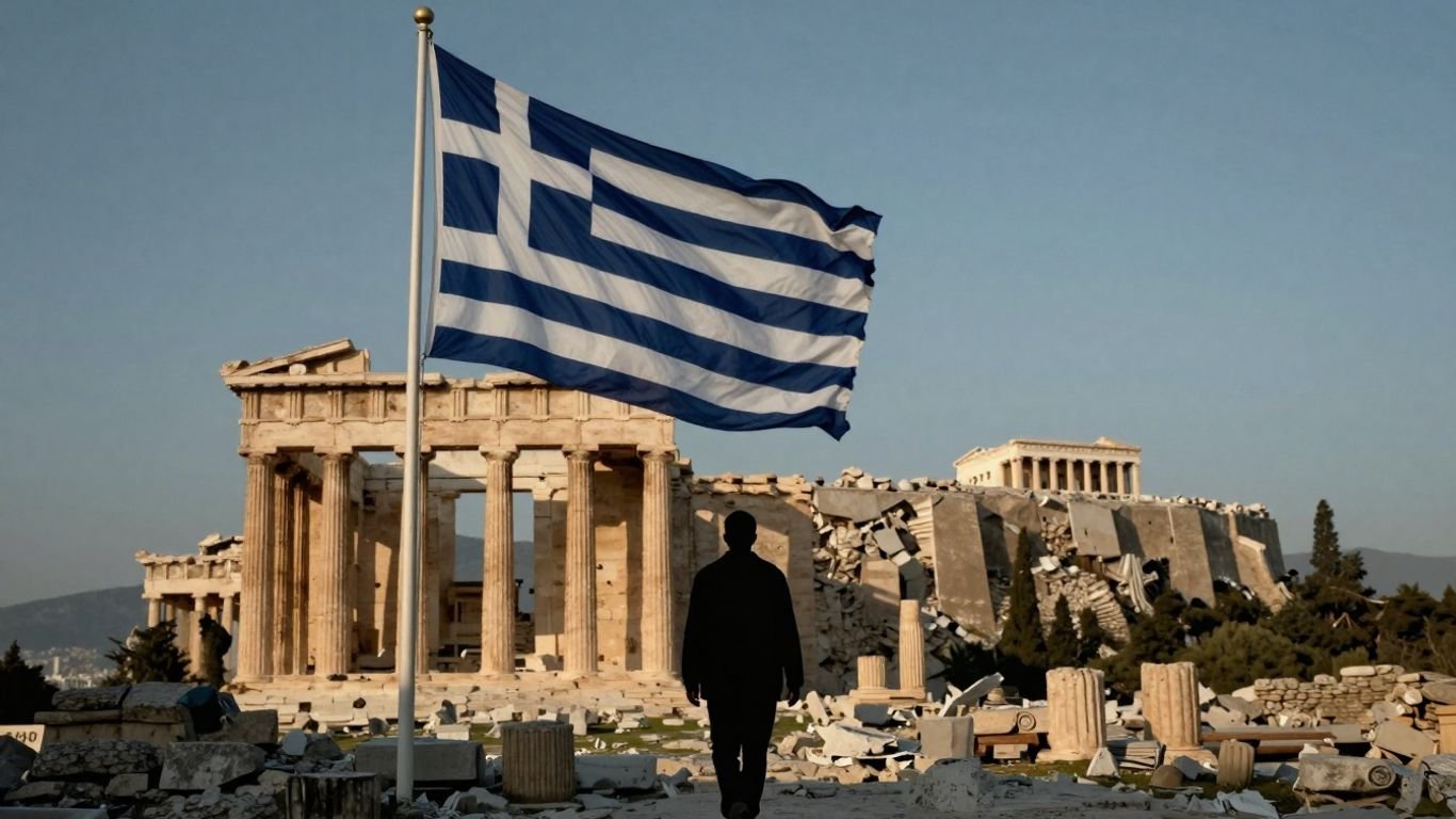 Greek flag and ancient ruins with a departing silhouette.