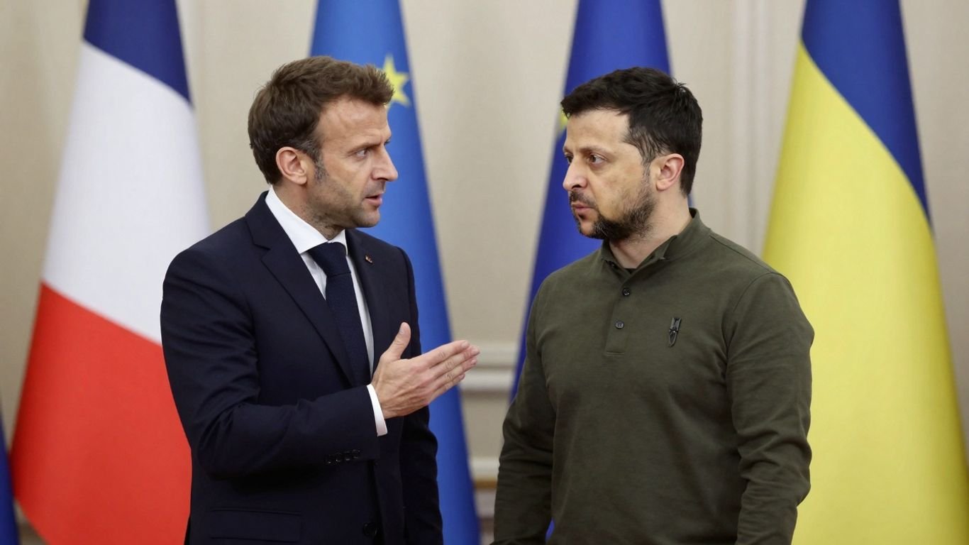 Macron and Zelenskyy in a formal diplomatic meeting.