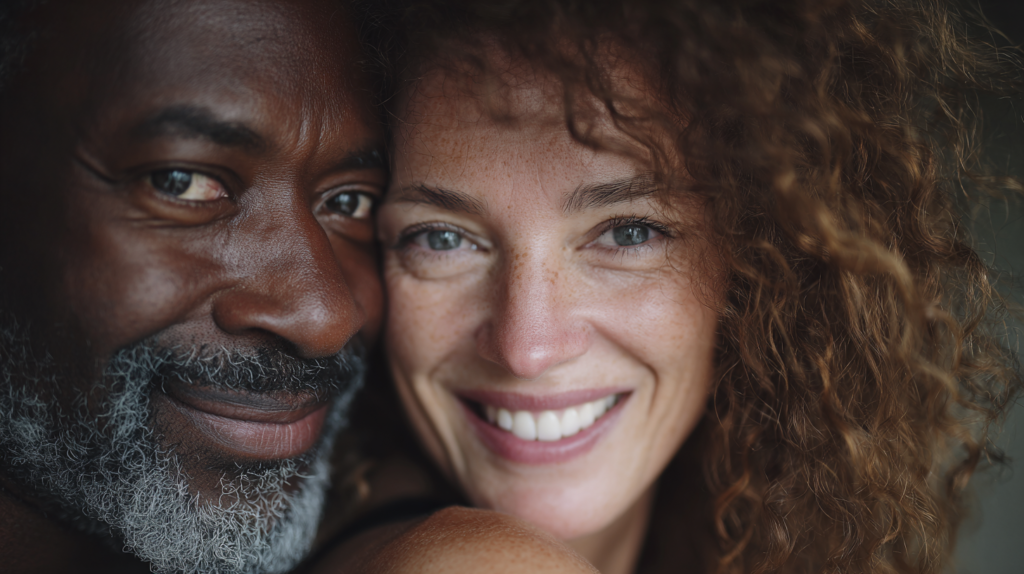 Couple embracing, age difference apparent, different races.