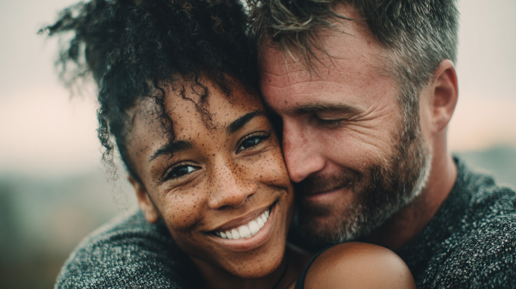 Couple embracing, age difference apparent, different races.
