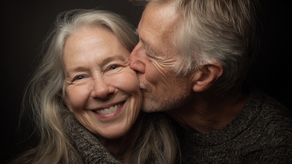 Couple embracing, age difference apparent, different races.