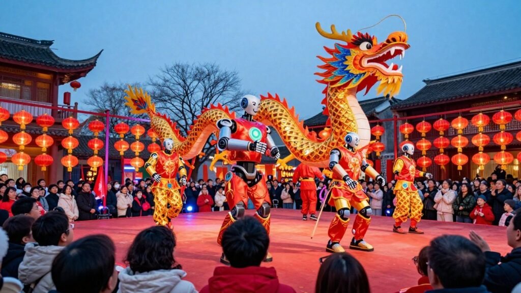 Humanoid robots perform at Chinese Lunar New Year festival.