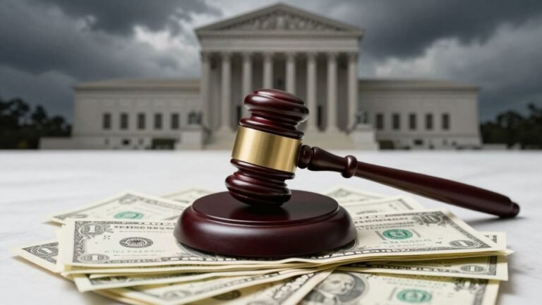 Supreme Court gavel striking dollar bills, national security concept.