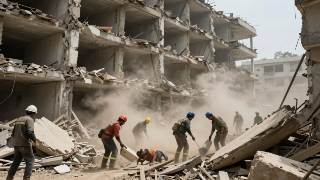 Collapsed building in Northern Lebanon with rescue efforts underway.