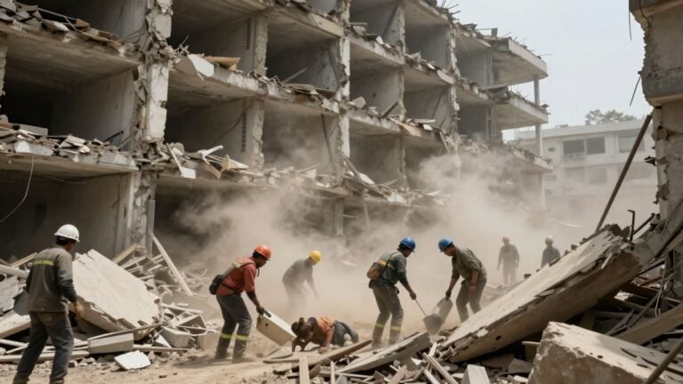 Collapsed building in Northern Lebanon with rescue efforts underway.