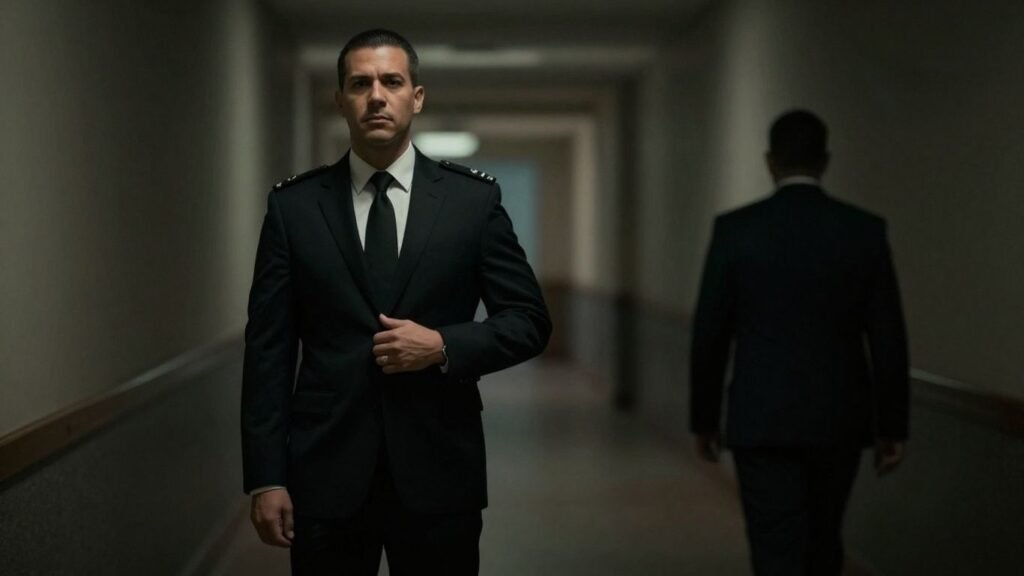 Budget chief's security detail in government building hallway.