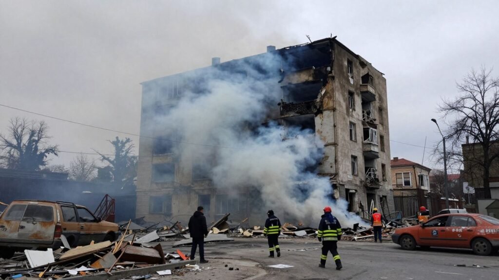 Damaged building in Lviv after a deadly attack.