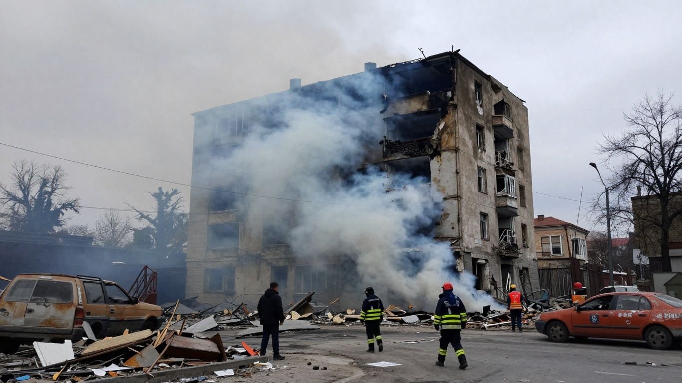 Damaged building in Lviv after a deadly attack.