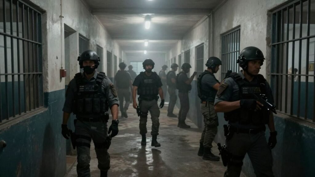 Ecuadorian prison interior with guards and inmates.