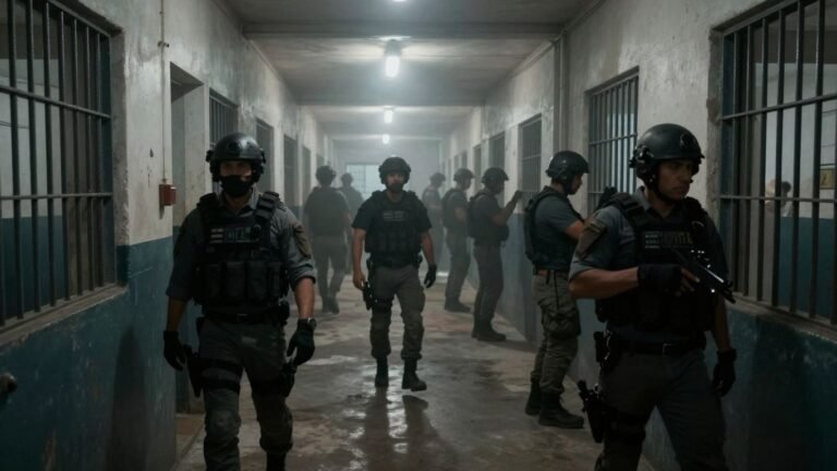Ecuadorian prison interior with guards and inmates.