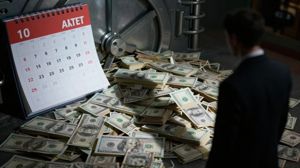 Money flowing from a vault near a calendar.