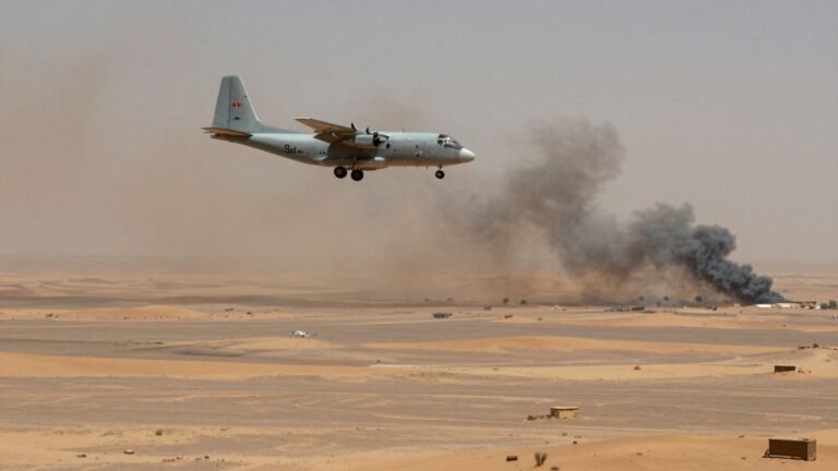 US military aircraft in desert with distant smoke plumes.