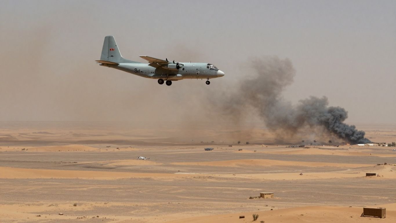 US military aircraft in desert with distant smoke plumes.
