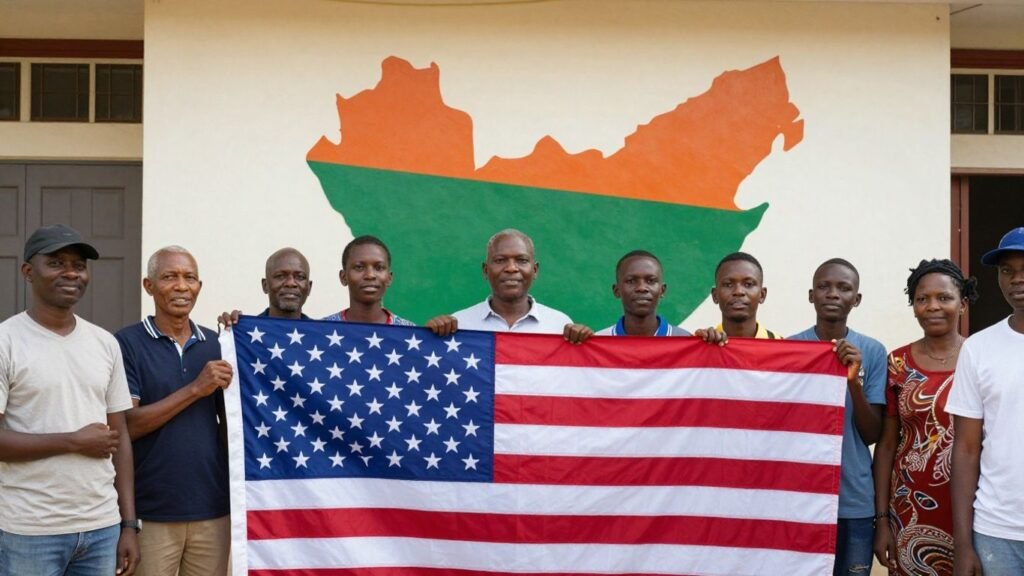 US flag with South African people and map.