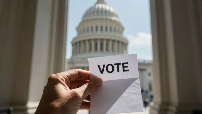 Woman holding a ballot near US Capitol.