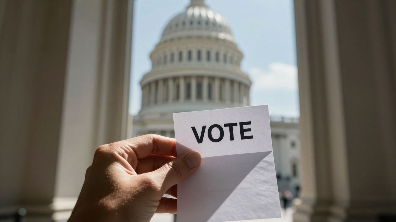 Woman holding a ballot near US Capitol.
