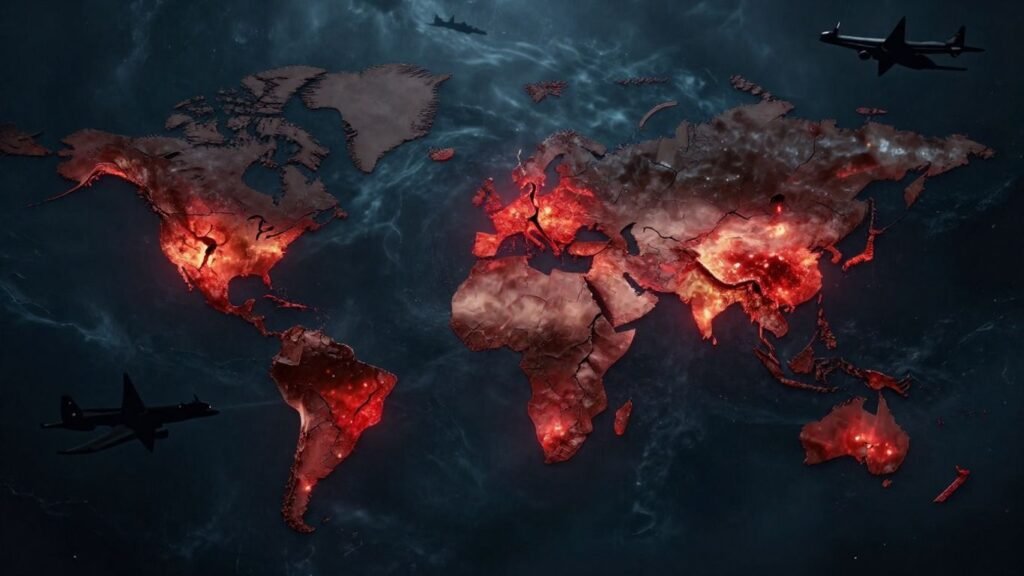 Fractured world map with seismic cracks and military imagery.