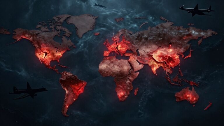 Fractured world map with seismic cracks and military imagery.