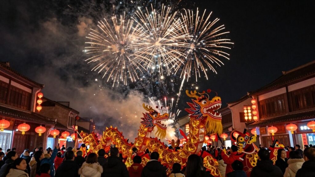 Chinese New Year celebrations with lanterns, dragons, and fireworks.