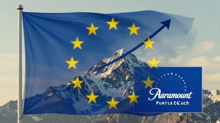 EU flag and Paramount logo with upward trend.