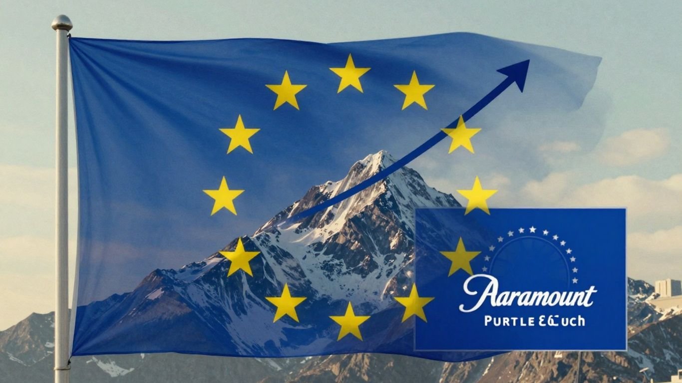 EU flag and Paramount logo with upward trend.