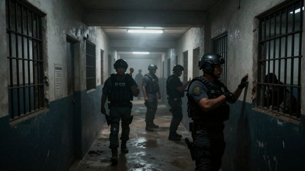 Ecuadorian prison interior with guards and inmates.