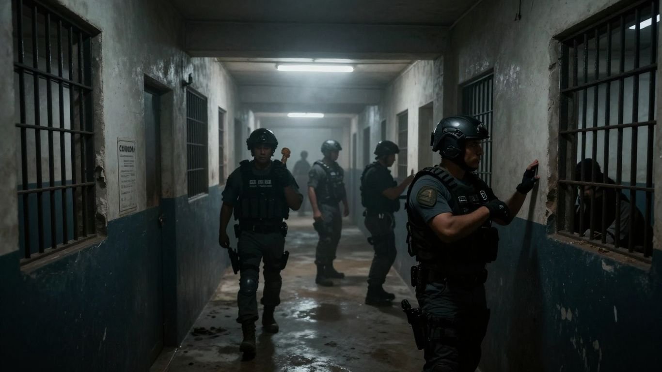 Ecuadorian prison interior with guards and inmates.