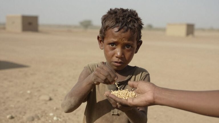 Child's hand reaching for grain in arid landscape.