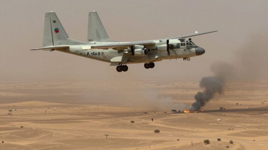 US military aircraft in desert with distant smoke plumes.