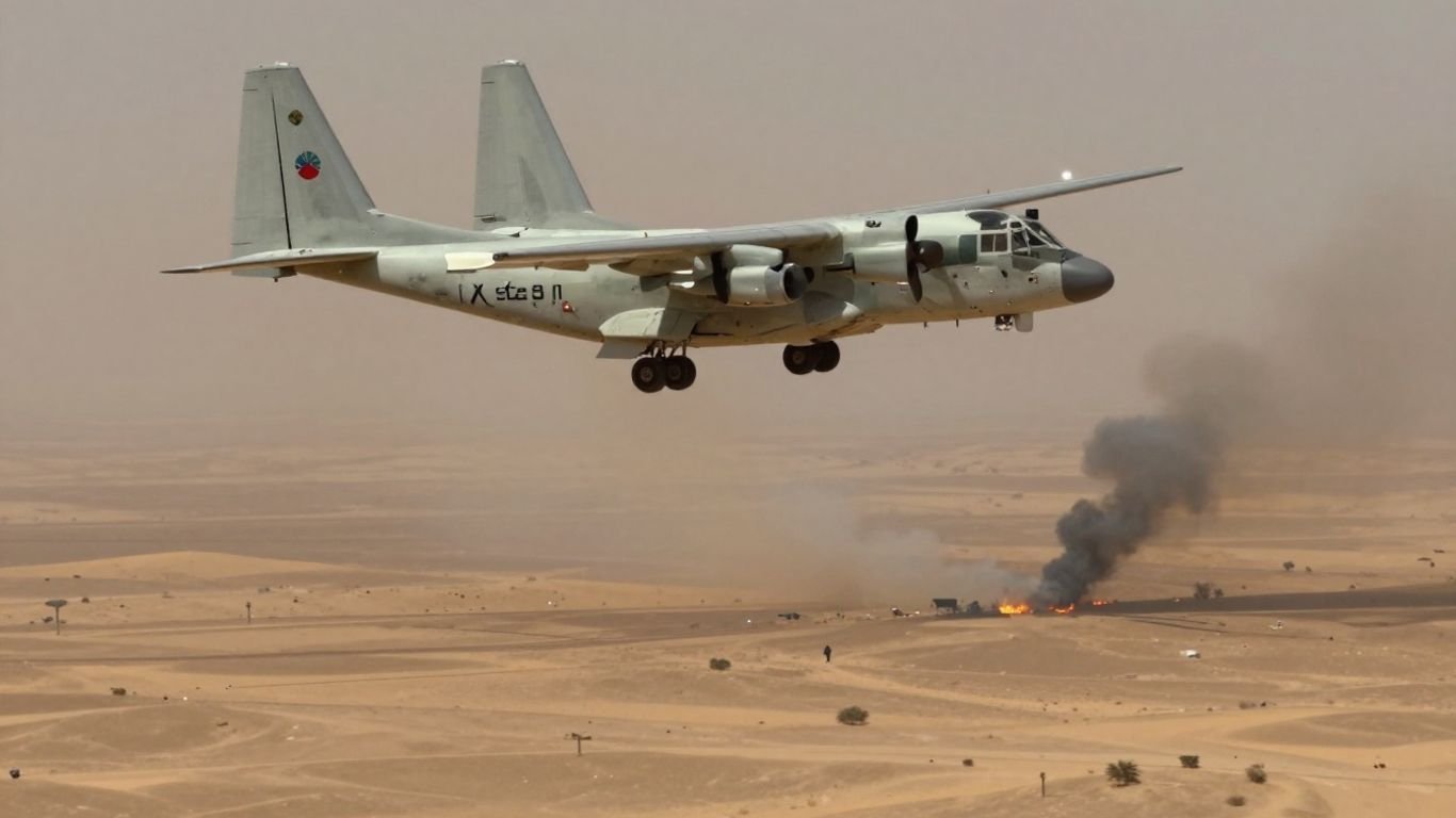 US military aircraft in desert with distant smoke plumes.