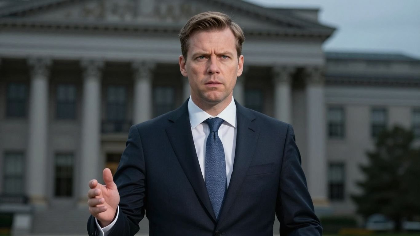 Former spy chief in suit, serious expression, government buildings background.
