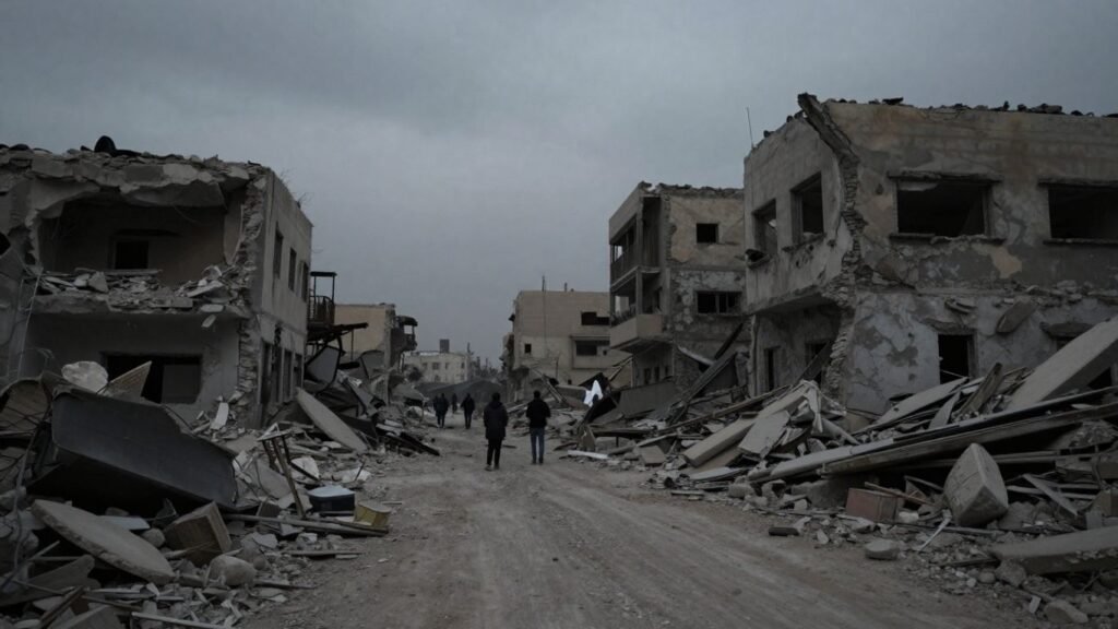Destroyed buildings in Gaza with rubble on the ground.