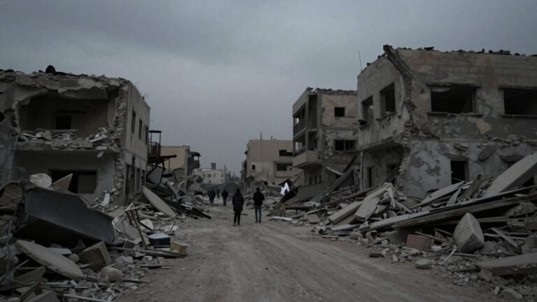 Destroyed buildings in Gaza with rubble on the ground.
