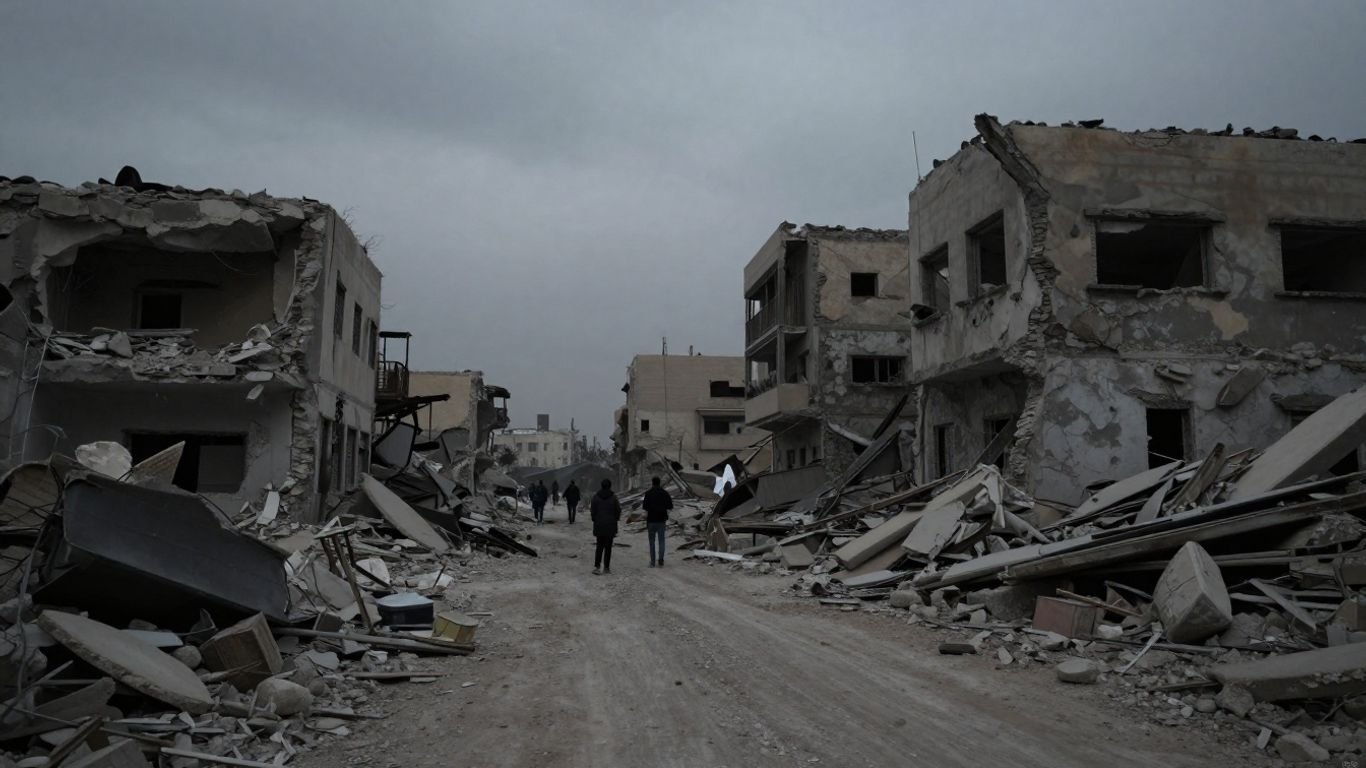 Destroyed buildings in Gaza with rubble on the ground.