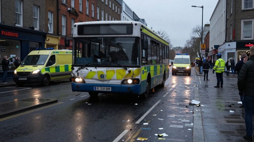Bus crash scene in Dublin city center with emergency services.