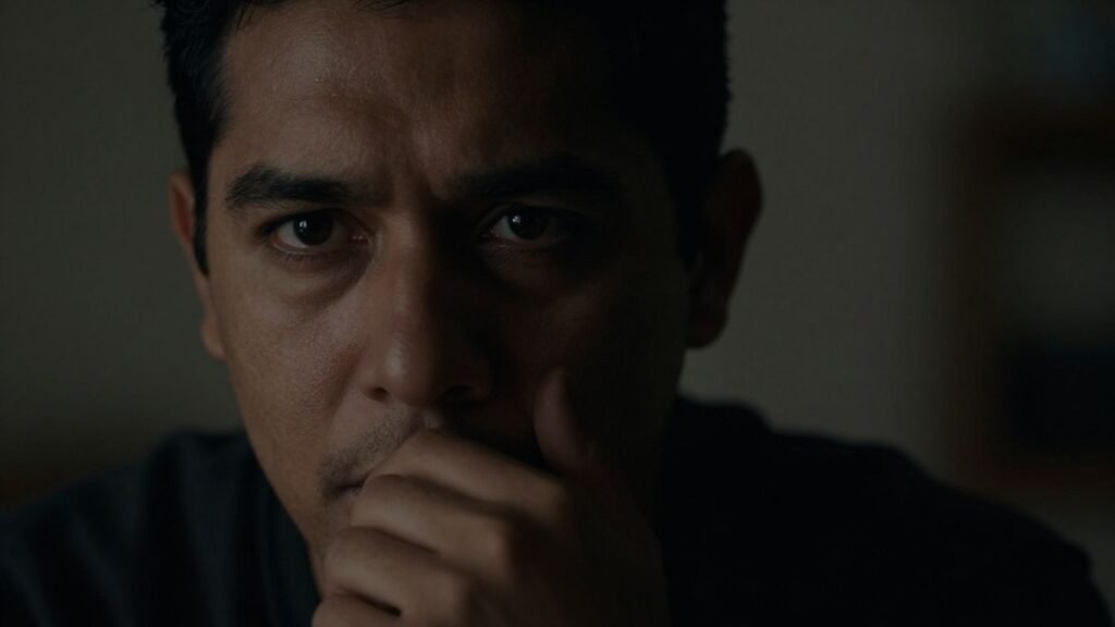 Man's face in shadow, deep in thought.