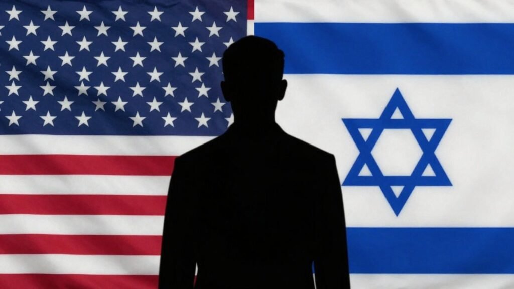 US and Israeli flags with a shadowy figure between them.