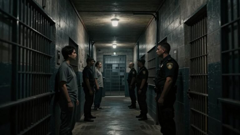 Prison corridor with inmates and guards, tense atmosphere.