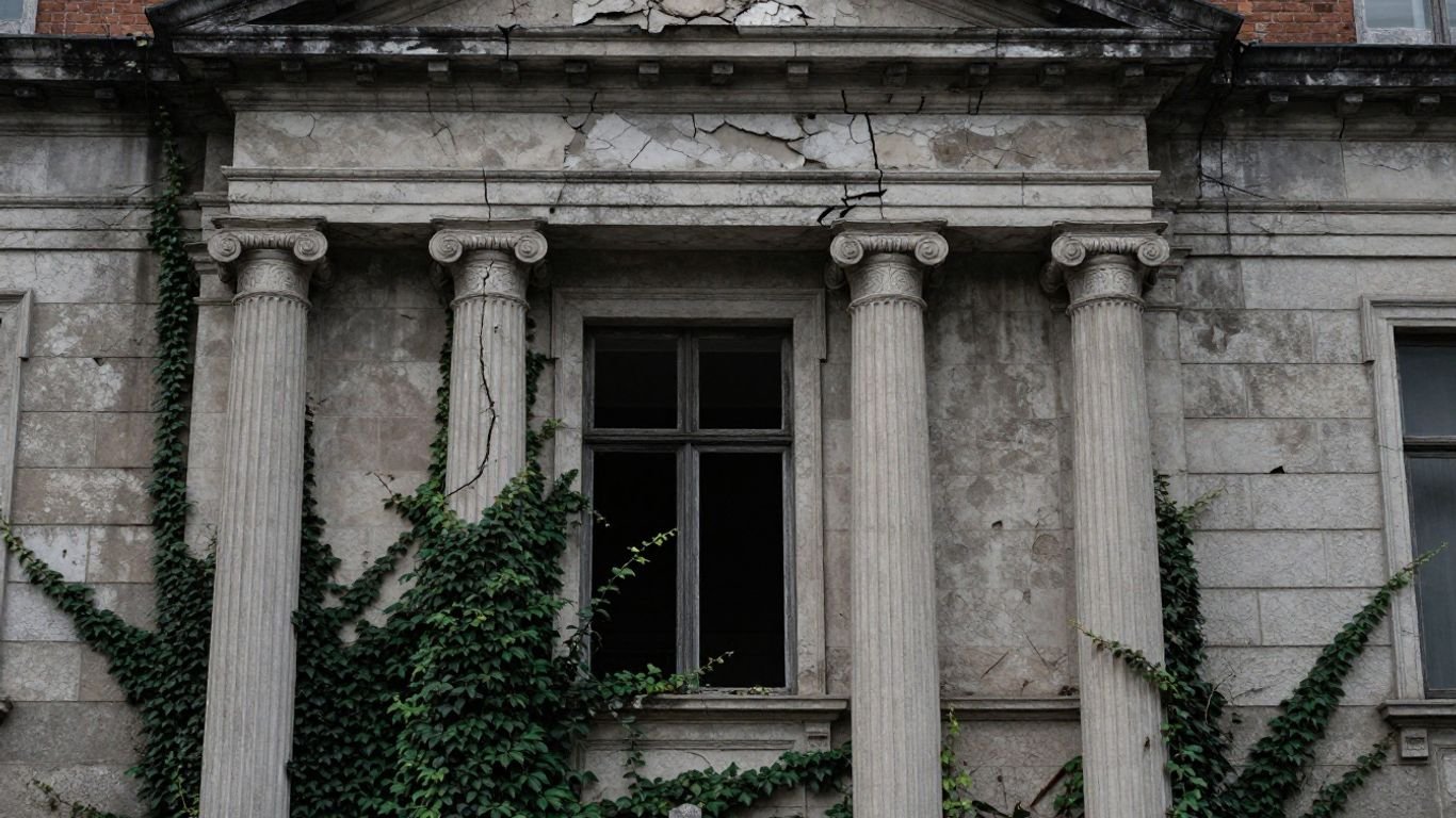 Crumbling university building symbolizing financial distress in higher education.