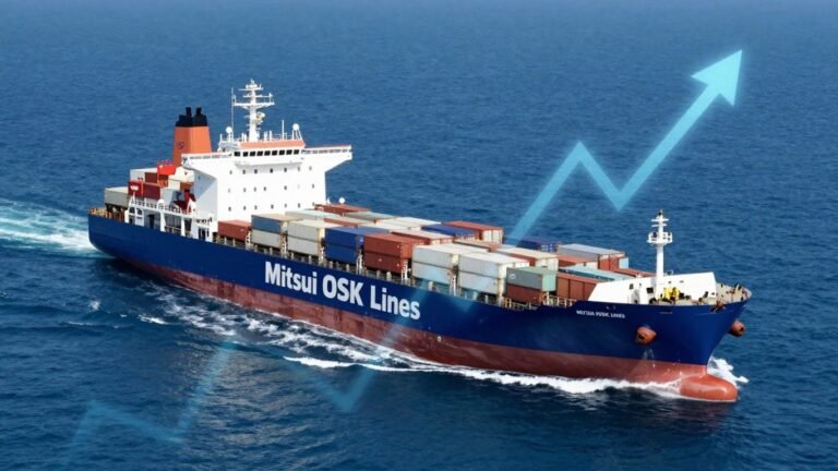 Mitsui OSK Lines ship with financial graphic overlay.