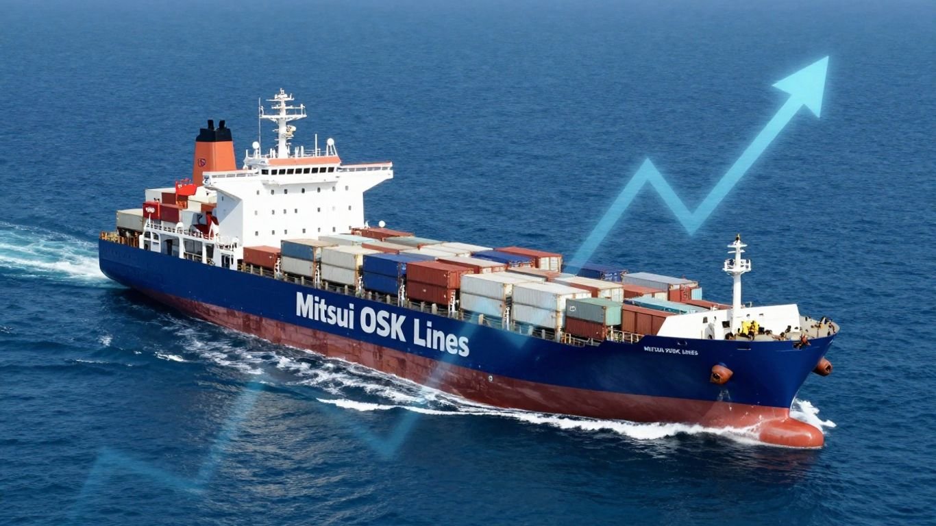 Mitsui OSK Lines ship with financial graphic overlay.