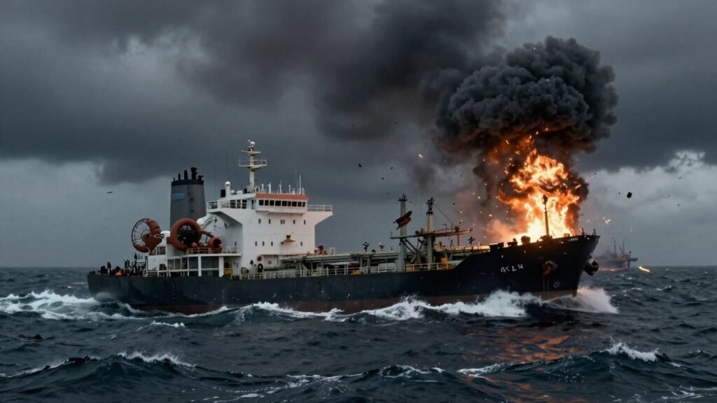 Oil tanker under attack in stormy seas.