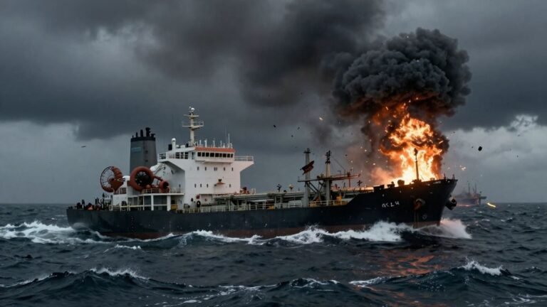 Oil tanker under attack in stormy seas.