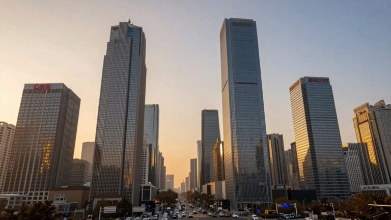Skyscrapers from global cities under a golden sky