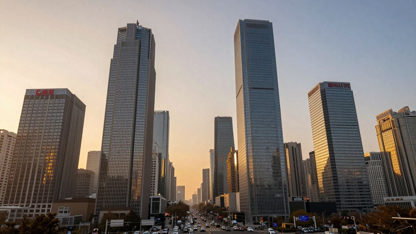 Skyscrapers from global cities under a golden sky