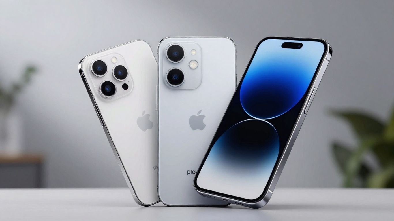 Latest smartphones with glowing screens and advanced cameras.